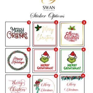 May include: A collection of nine square sticker designs labeled 1 through 9, featuring various Christmas themes. Designs include text like Merry Christmas, Happy Holidays, and Merry Grinchmas, decorated with holly, wreaths, and Grinch illustrations.
