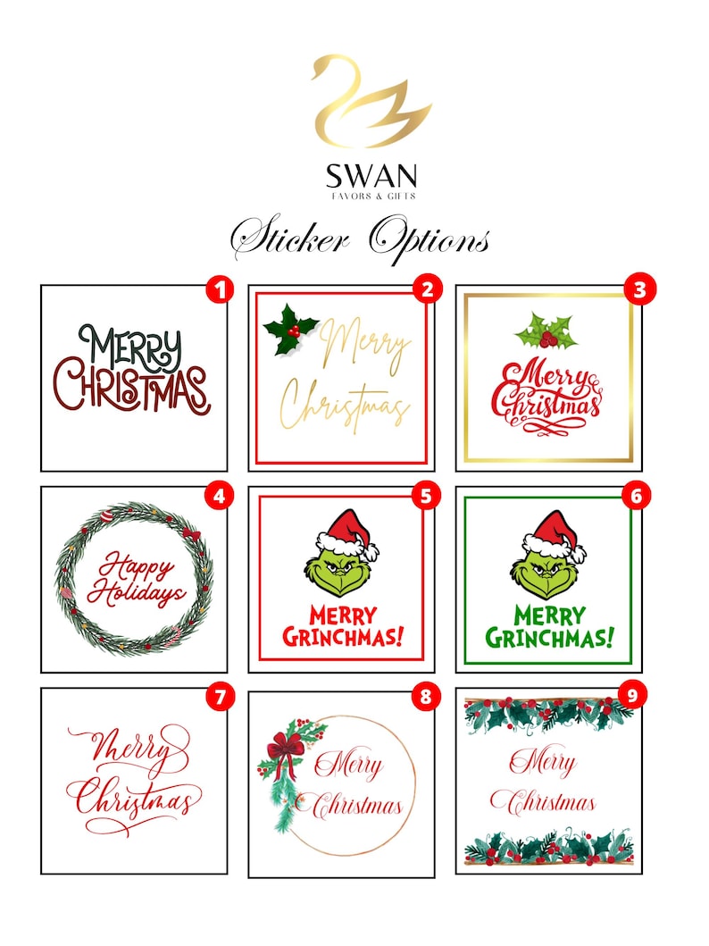 May include: A collection of nine square sticker designs labeled 1 through 9, featuring various Christmas themes. Designs include text like Merry Christmas, Happy Holidays, and Merry Grinchmas, decorated with holly, wreaths, and Grinch illustrations.