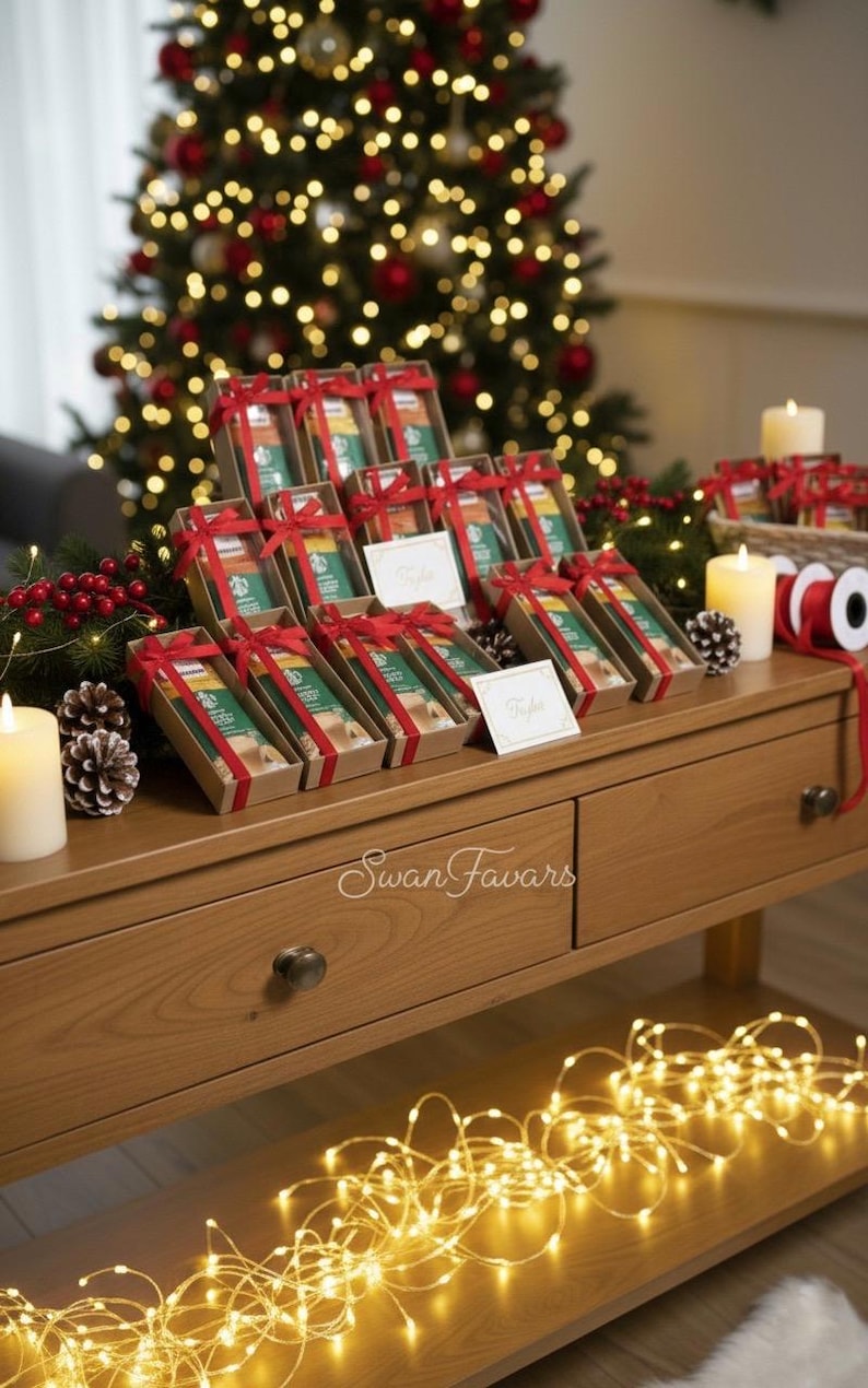 May include: A collection of rectangular gift boxes arranged in rows, each containing a green and white Starbucks coffee packet tied with a red ribbon. The boxes are displayed on a wooden table with small white cards and the text Swan Favars.