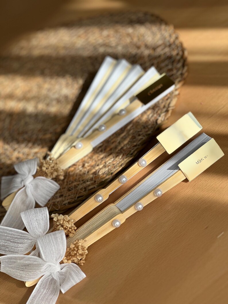 Custom Wooden Hand Fan: Pearls, Ribbon, Gold Engraved Tag - Etsy