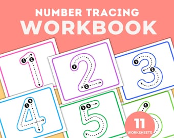 Puede incluir: Un conjunto de 11 hojas de trabajo de trazado de números para niños. Cada hoja de trabajo presenta un número con una línea discontinua para trazar. Los números son de diferentes colores, incluyendo rosa, morado, azul, azul claro y verde. El texto "11 WORKSHEETS" está en la esquina inferior derecha.