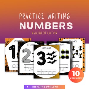 10 HALLOWEEN Practice Writing Numbers Worksheets, Preschool Activity, Learn How To Write Numbers, Kids Tracing Pages, Number Recognition