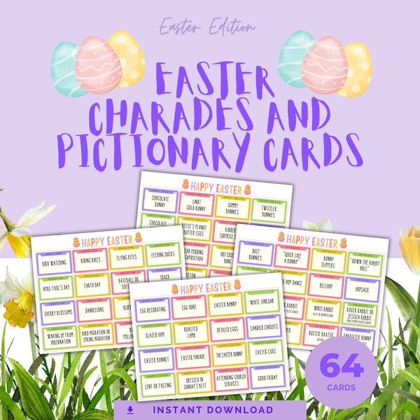 64 Easter Charades and Pictionary Cards, Easter Party Games and Activities, Easter Family Games or Office Games Printable