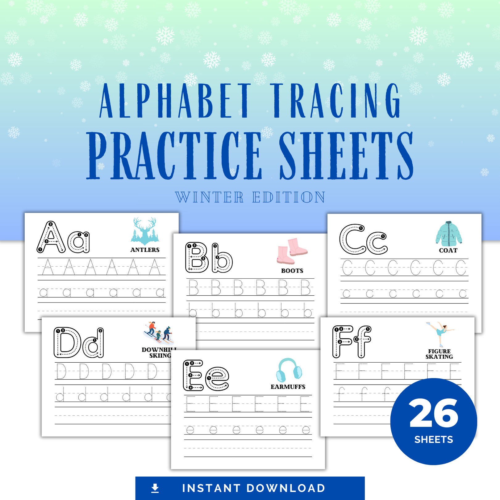 WINTER ALPHABET TRACING Practice Sheets, Uppercase and Lowercase