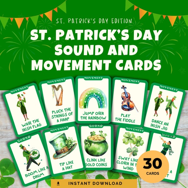 30 St. PATRICK'S DAY Movement, Sound and Scavenger Hunt Cards, Preschool, Homeschool, Dramatic Play, Brain Break, Circle Time Activity