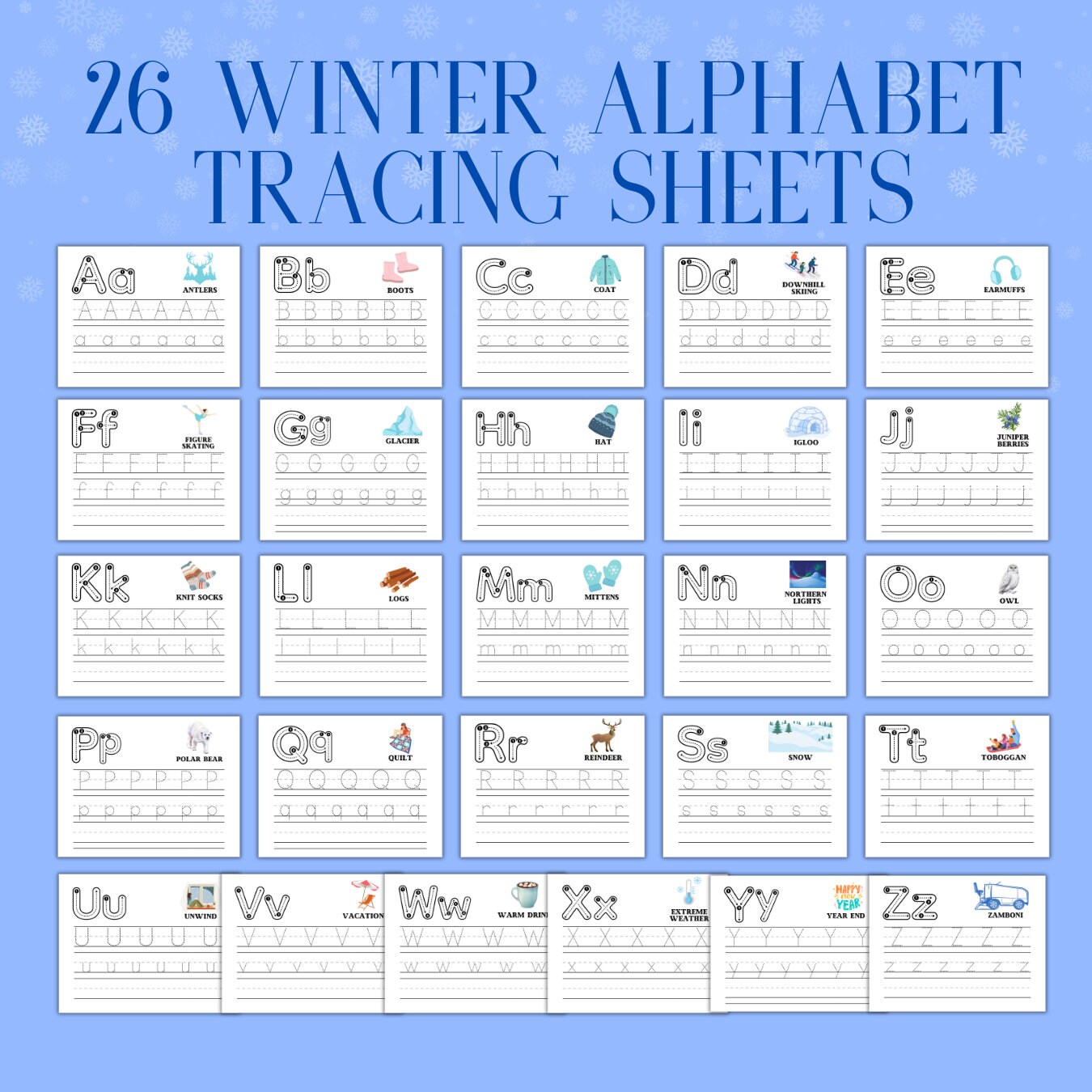 WINTER Alphabet Tracing Sheets and 3x4 Flashcards, Practice Handwriting