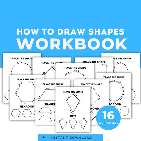 16 Printable Trace the Shape Worksheets, Learn To Draw Polygons, Kids Tracing Pages, Shape Tracing Worksheets,  Geometric Shapes Activity