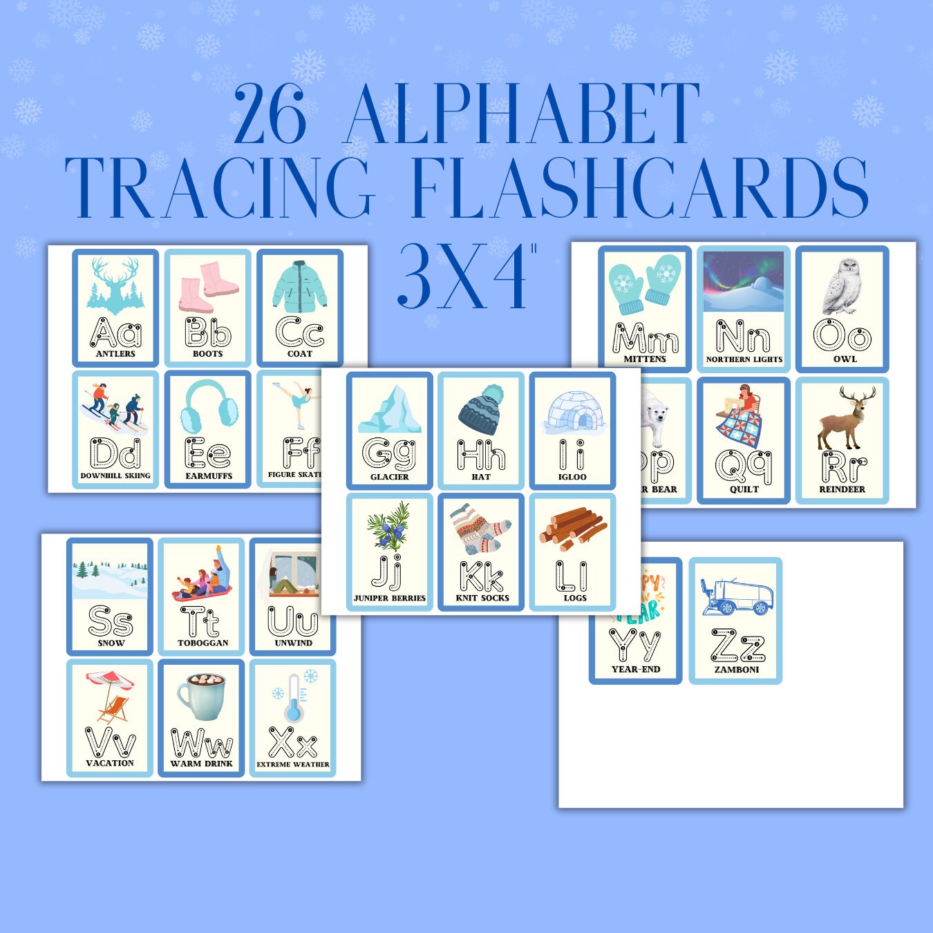WINTER Alphabet Tracing Sheets and 3x4 Flashcards, Practice Handwriting