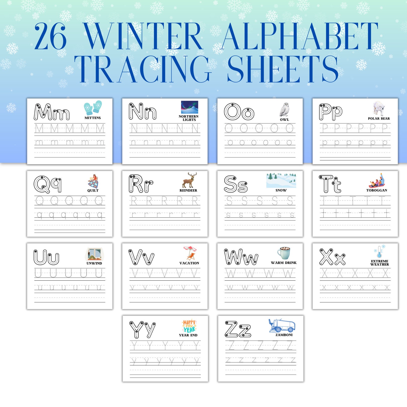 WINTER ALPHABET TRACING Practice Sheets, Uppercase and Lowercase