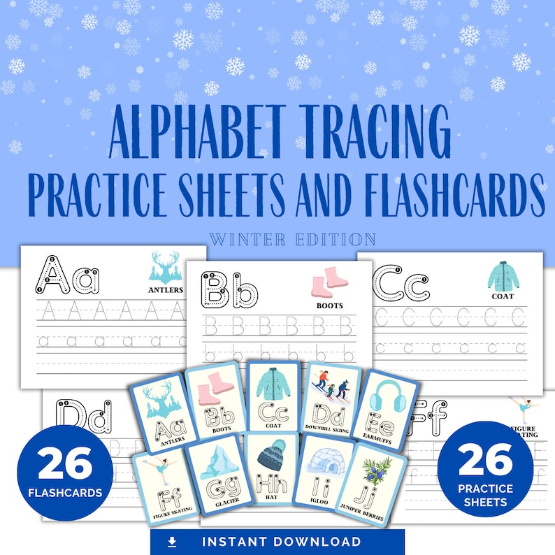 WINTER Alphabet Tracing Sheets and 3x4 Flashcards, Practice Handwriting