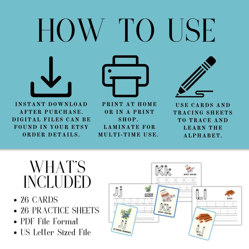 WINTER Alphabet Tracing Sheets and 5x7 Flashcards, Practice Handwriting