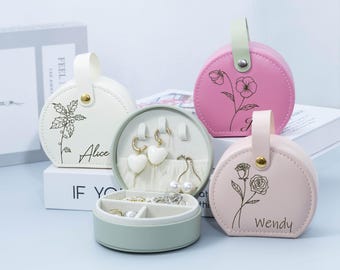 2025Personalized Birth Flower Jewelry Box with Handle,Engraved Travel Organizer&Earring Case,Perfect Gift for Bridesmaids,Birthdays,Holidays