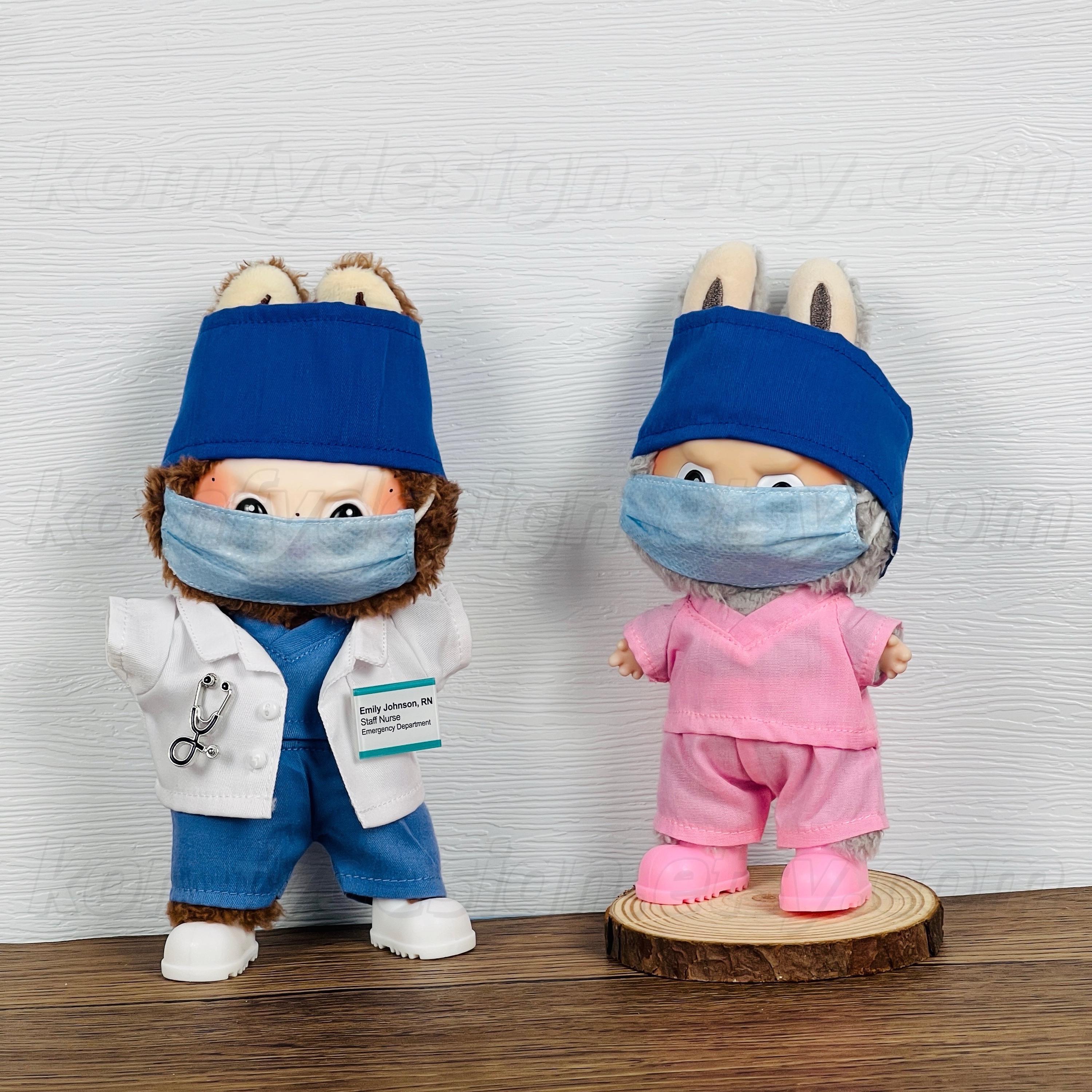 Doctor/Nurse Costume for 17cm Fantasy Vinyl Doll – Handmade Scrubs with Custom Name Tag – Unbranded Artist Design