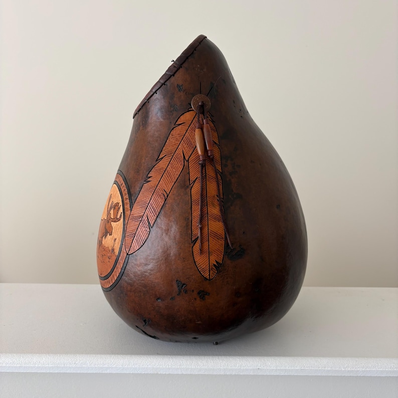 John Gibson Signed Gourd Vessel, Carved Feather & Moose Motif, Leather ...