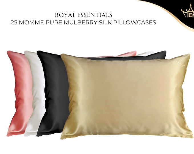 Royal Essentials - 25 Momme Authentic Mulberry Silk Pillowcase - Color choices: Champagne, Rose Gold, Onyx Black and Pearl White