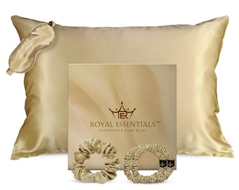 Royal Essentials - Mulberry Silk Pillowcase Gift Set: 25 Momme Silk Pillow Cover, Sleep Mask, and 3 Hair Scrunchies - 4 Color Choices