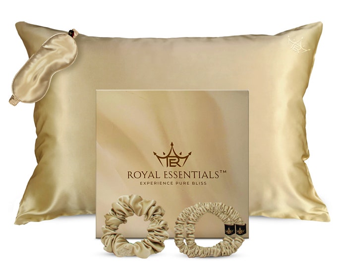 Royal Essentials - Mulberry Silk Pillowcase Gift Set: 25 Momme Silk Pillow Cover, Sleep Mask, and 3 Hair Scrunchies - 4 Color Choices