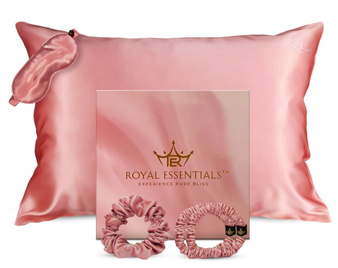 Royal Essentials - Mulberry Silk Pillowcase Gift Set: 25 Momme Silk Pillow Cover, Sleep Mask, and 3 Hair Scrunchies - Rose Gold Color
