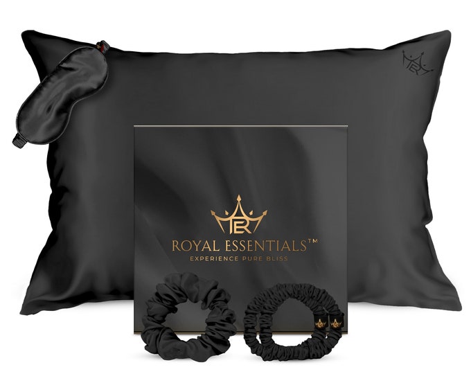 Royal Essentials - Mulberry Silk Pillowcase Gift Set: 25 Momme Silk Pillow Cover, Sleep Mask, and 3 Hair Scrunchies - Onyx Black Color