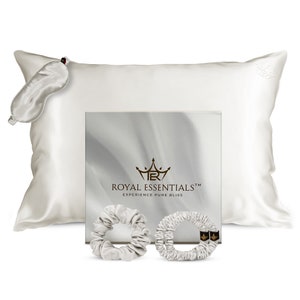 Royal Essentials - Mulberry Silk Pillowcase Gift Set: 25 Momme Silk Pillow Cover, Sleep Mask, and 3 Hair Scrunchies - Pearl White