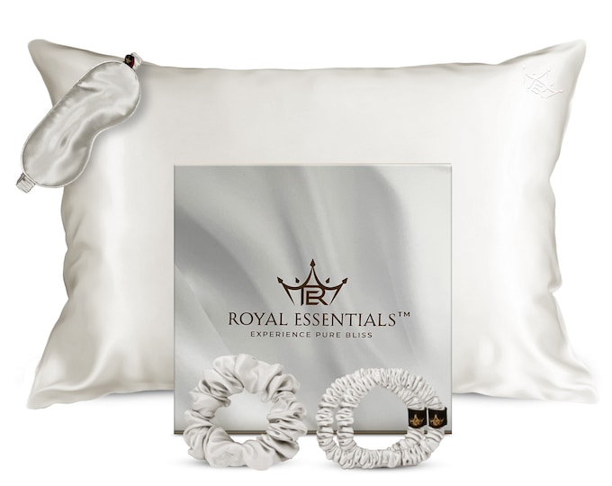 Royal Essentials - Mulberry Silk Pillowcase Gift Set: 25 Momme Silk Pillow Cover, Sleep Mask, and 3 Hair Scrunchies - Pearl White