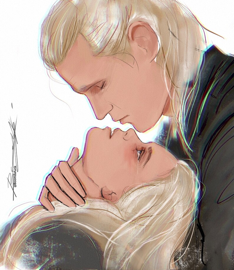 Peut inclure: Une peinture num&eacute;rique de deux personnes aux cheveux blonds, se regardant avec le front qui se touche. La personne du dessus a la main sur le cou de l'autre personne. L'arri&egrave;re-plan est blanc.