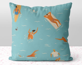 Retro Pool Party Blue Summer Pillow Throw Cover