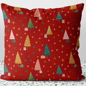 Cute Christmas Trees Presents Seasons Greetings Red Pink Green  Pillow Throw Cover