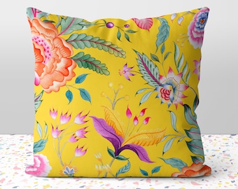 Yellow Floral Chintz Flower Pillow Throw Cover