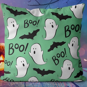 Halloween Boo Ghosts Bats Green Pillow Throw Cover