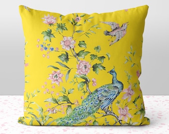 Floral Peacock Chinoiserie Pink Flowers on Yellow Pillow Throw Cover