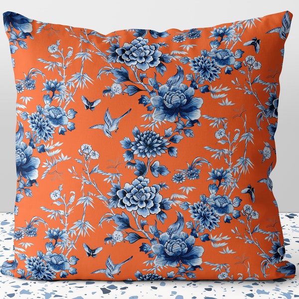 Blue Floral Chinoiserie Flowers on Orange Pillow Throw Cover