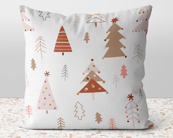 Christmas Happy Holidays Boho Festive Trees White Beige  Pillow Throw Cover