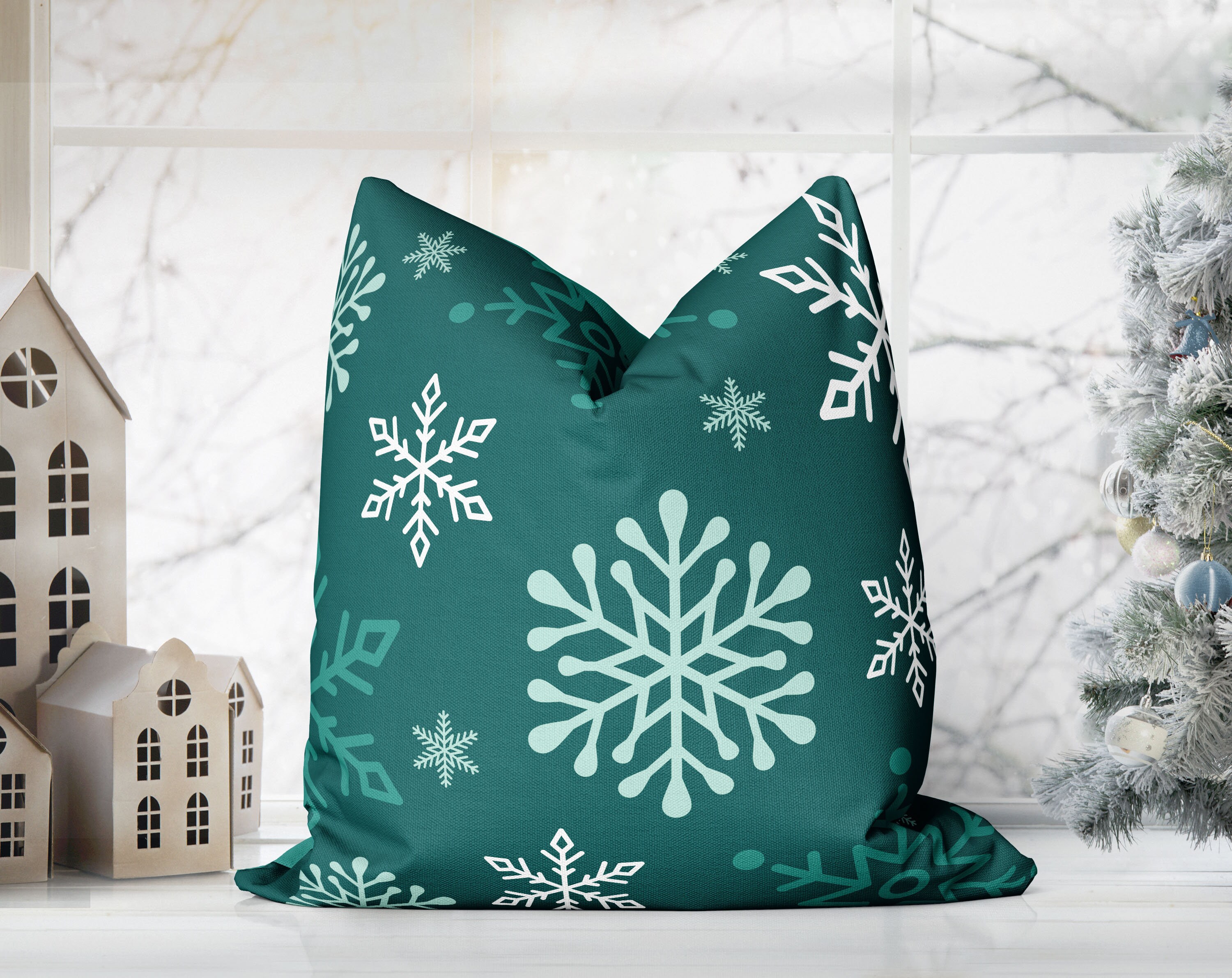 Enchanted Snowflakes Winter Christmas Candy Cane Green Pillow Throw