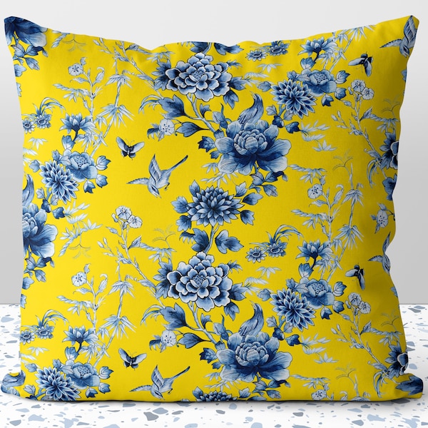 Square Floral Pillow with Insert // Blue and Yellow main image 0