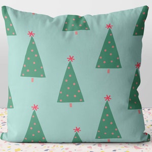 Christmas Happy Holidays Festive Boho Trees Mint Green Pink  Pillow Throw Cover