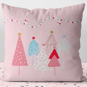 Christmas Pastel Whimsical Trees Seasons Greetings Pink Blue Red  Pillow Throw Cover