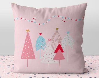Christmas Pastel Whimsical Trees Seasons Greetings Pink Blue Red  Pillow Throw Cover