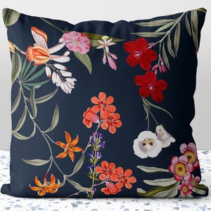 Fresh Red and Orange Floral Flowers on Navy Blue Pillow Throw Cover