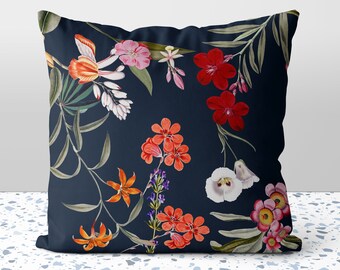 Fresh Red and Orange Floral Flowers on Navy Blue Pillow Throw Cover