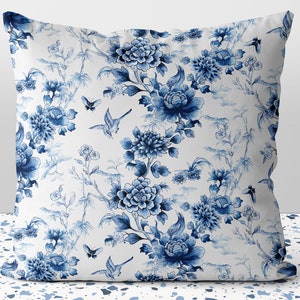 Blue Floral Chinoiserie Flowers on White Pillow Throw Cover