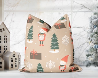 Mischievous Christmas Elves Mole, Beige Pillow Throw