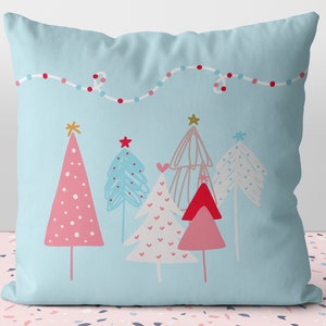 Christmas Pastel Whimsical Trees Seasons Greetings Blue Pink Red  Pillow Throw Cover