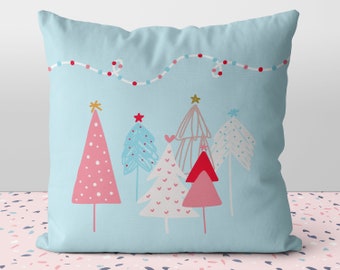 Christmas Pastel Whimsical Trees Seasons Greetings Blue Pink Red  Pillow Throw Cover