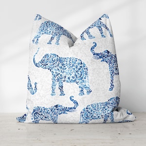 Indigo Elephants on Slate Gray Decorative Pillow Throw Cover