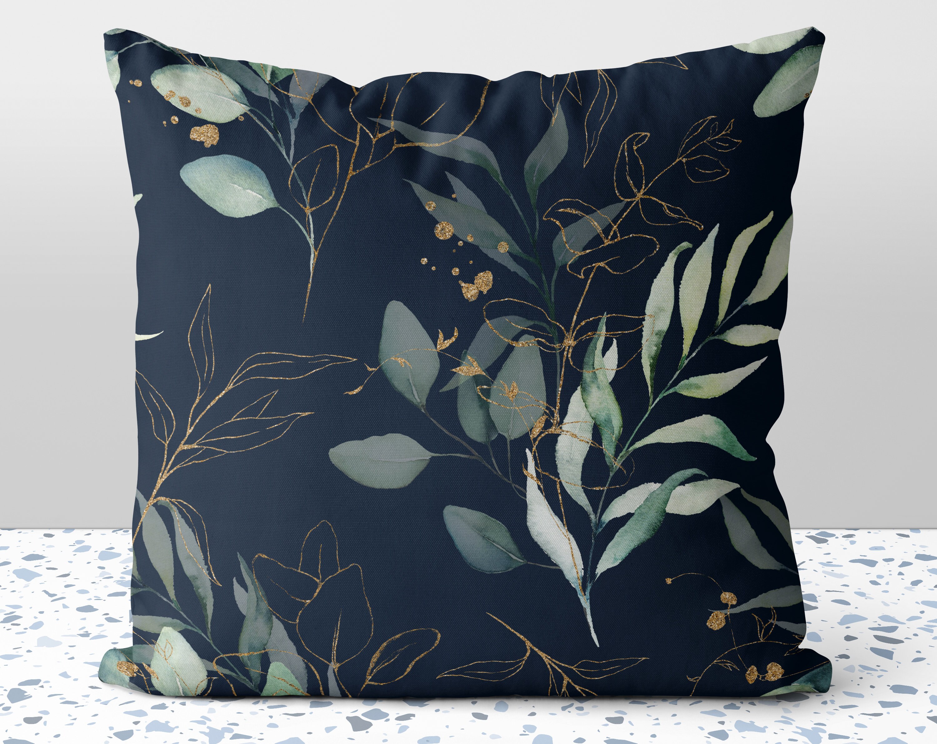 Calm Eucalyptus Leaves Royal Blue with Gold Accents Pillow Throw Cover