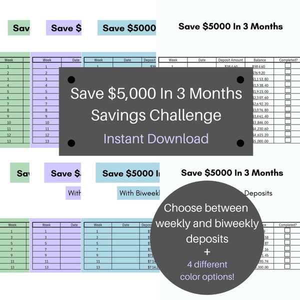 Save 5,000 Dollars In 3 Months Money Saving Challenge - Printable Charts to Save 5,000 In 13 Weeks - Weekly and Biweekly Deposit Options