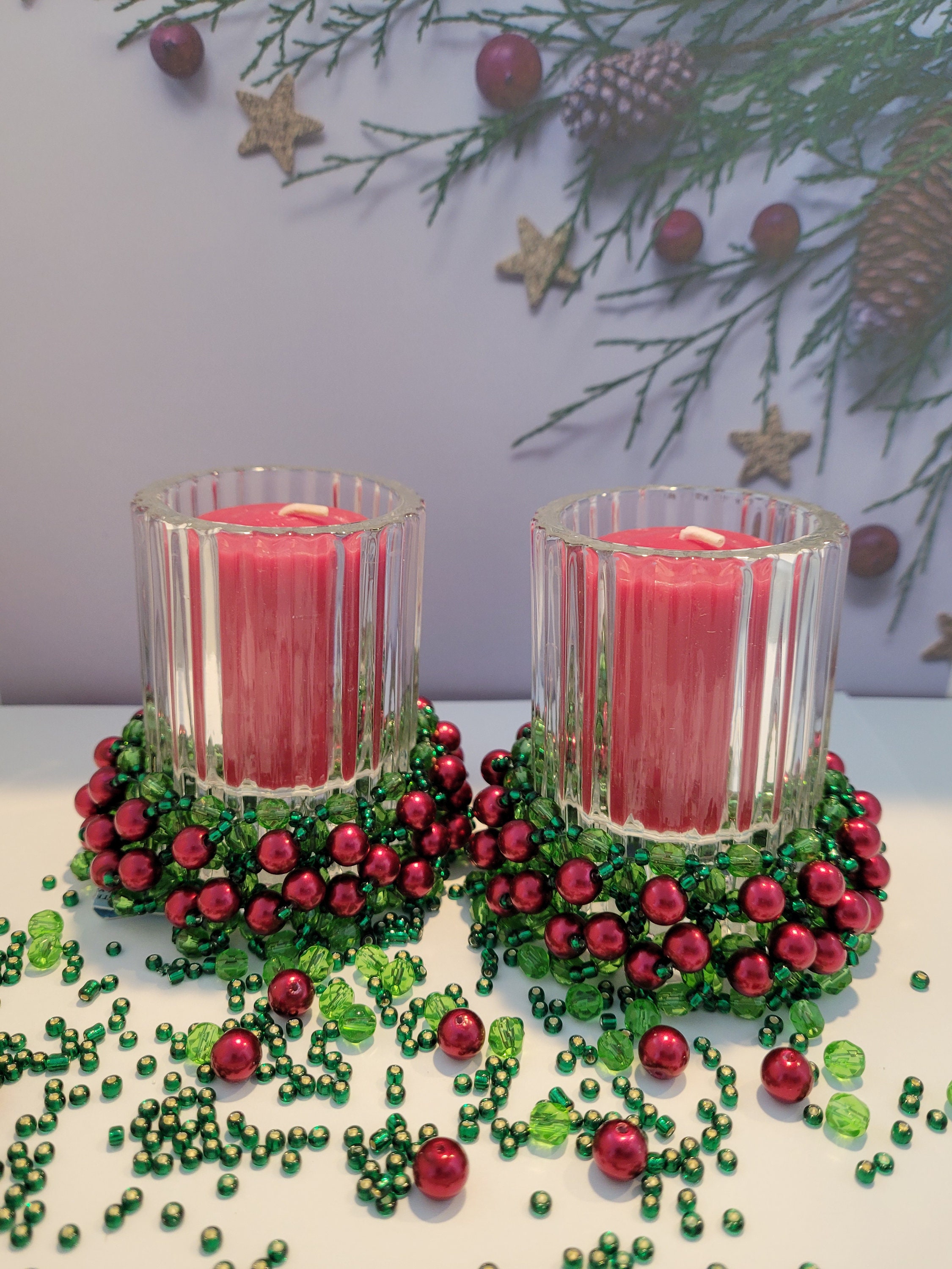Handmade Beaded Christmas Candle Set Etsy