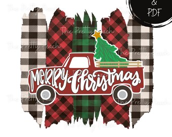 Christmas Farm Truck Over buffalo plaid png, Merry Christmas png, Farm truck png, Christmas sublimation design, PNG Instant download