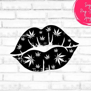 May include: A black outline of lips, filled with white cannabis leaves, set against a white brick wall. The image includes the text "Svg Png-Dxf Jpeg" in a pink circle in the top right corner.